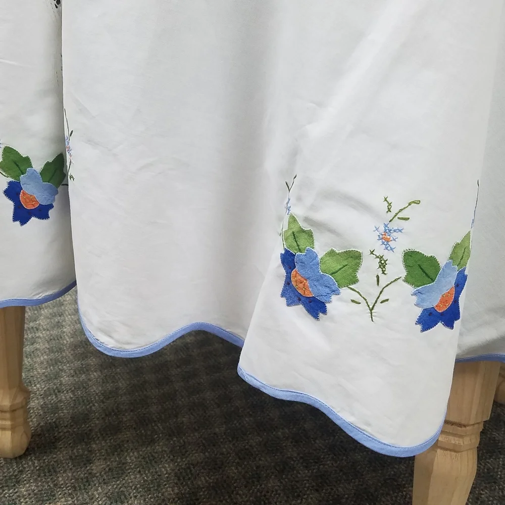 Vintage Floral Applique Round Tablecloth & 8 Napkins Set Blue Trim